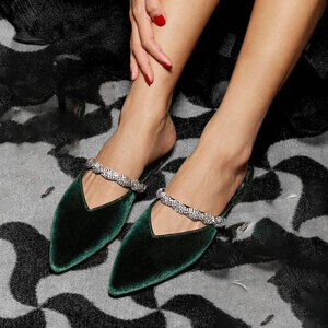 BIRDIES Velvet Rhinestone Embellished Pointed Toe Flat Mules in Green Size 8